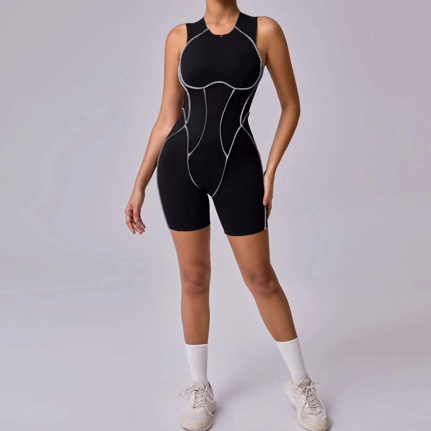 Mono de yoga sin costuras shorts, con línea de realce de cadera, sin espalda