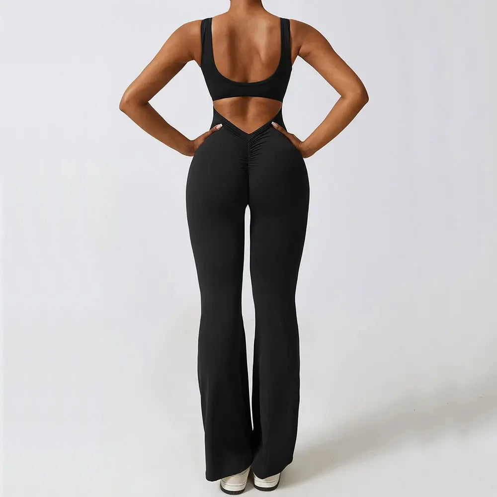Conjunto fitness con pantalones acampanados elásticos de cintura alta sin costuras