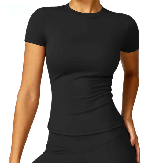 Camiseta deportiva HGC de verano, manga corta, cuello redondo, transpirable, elástica, para gimnasio, yoga, etc.