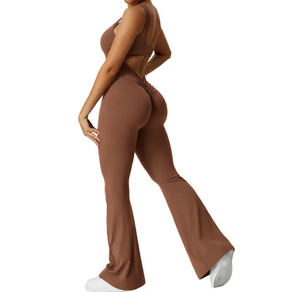 Conjunto fitness con pantalones acampanados elásticos de cintura alta sin costuras