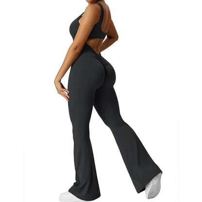 Conjunto fitness con pantalones acampanados elásticos de cintura alta sin costuras