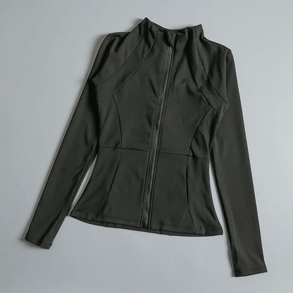 Chompa deportiva de alta elasticidad, cuello alto y redondo, manga larga