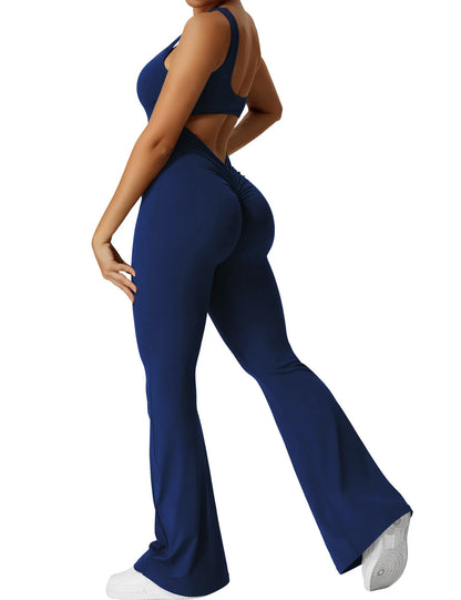 Conjunto fitness con pantalones acampanados elásticos de cintura alta sin costuras