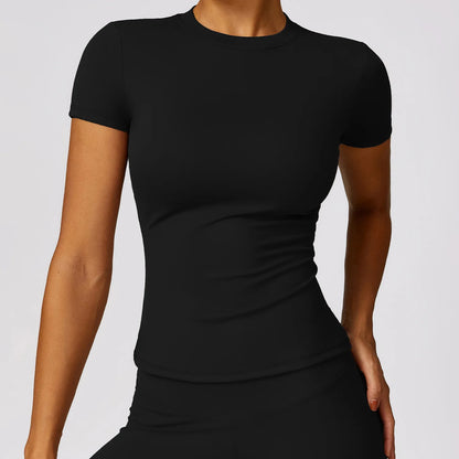 Camiseta deportiva HGC de verano, manga corta, cuello redondo, transpirable, elástica, para gimnasio, yoga, etc.
