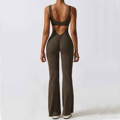 Conjunto fitness con pantalones acampanados elásticos de cintura alta sin costuras