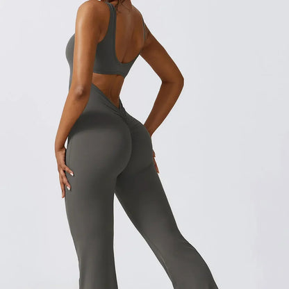 Conjunto fitness con pantalones acampanados elásticos de cintura alta sin costuras