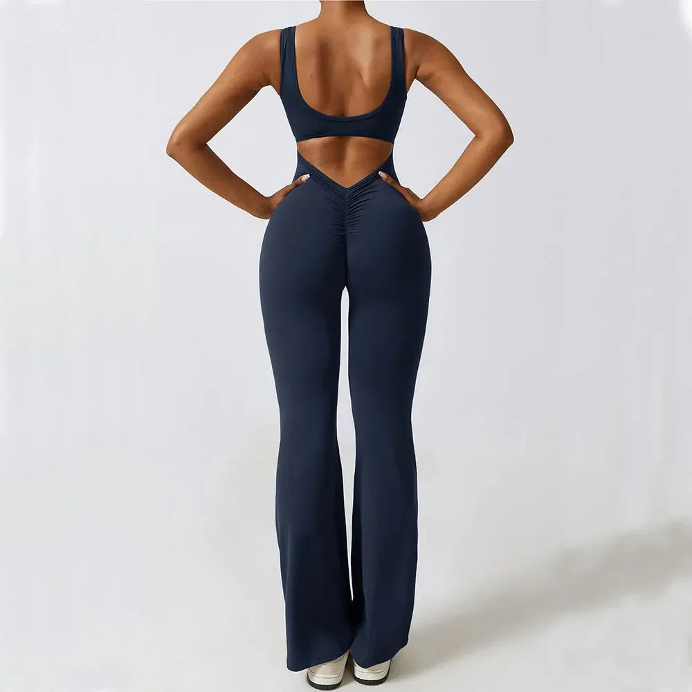 Conjunto fitness con pantalones acampanados elásticos de cintura alta sin costuras