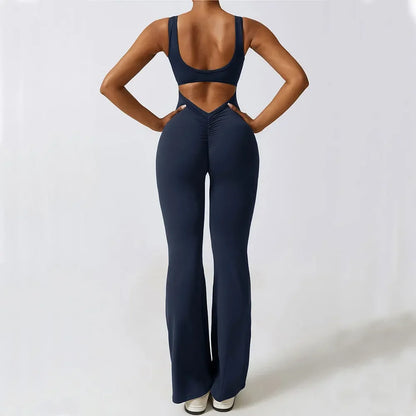 Conjunto fitness con pantalones acampanados elásticos de cintura alta sin costuras