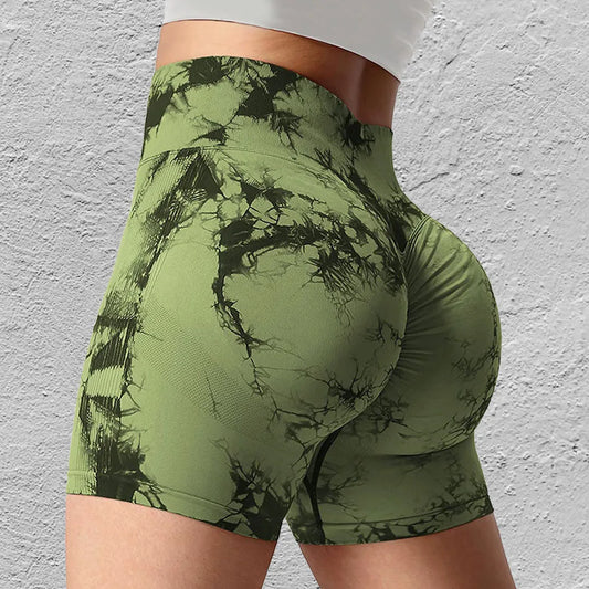 Shorts deportivos sin costuras con efecto tie-dye, push up, control de abdomen